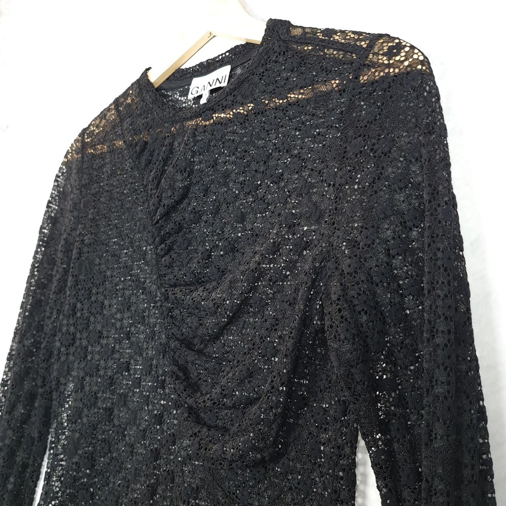 Ganni Lace Top Womens Medium Black Floral Sheer Long Sleeve Ruched - Picture 9 of 16
